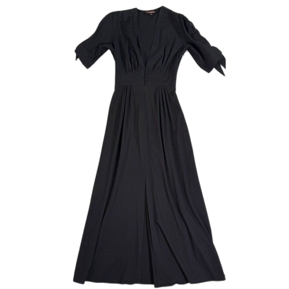Trashy Diva | Black Maxi Dress Puff Sleeves | Low Vneck | Slit Front | Sz 2